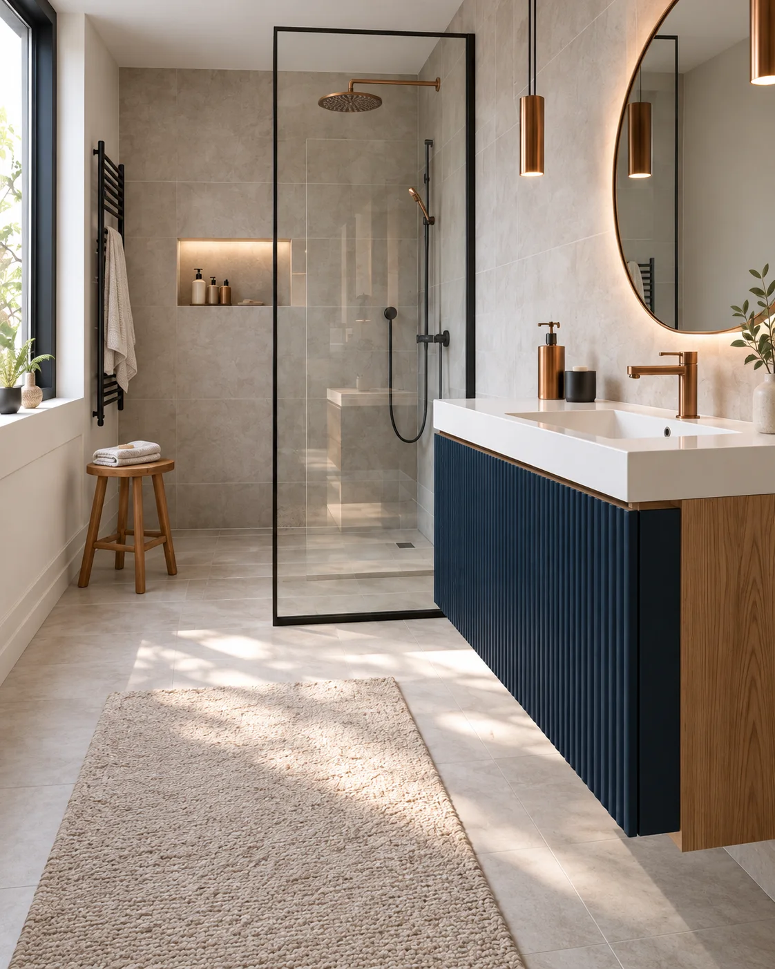 Salle de bains contemporaine avec meuble bleu nuit, robinetterie cuivrée et douche vitrée